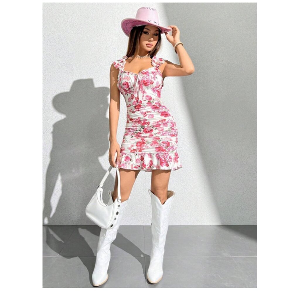 🥑New Flower Print Bow Tie Front Ruffle Trim Pleated Bodycon Dress Summer Dress